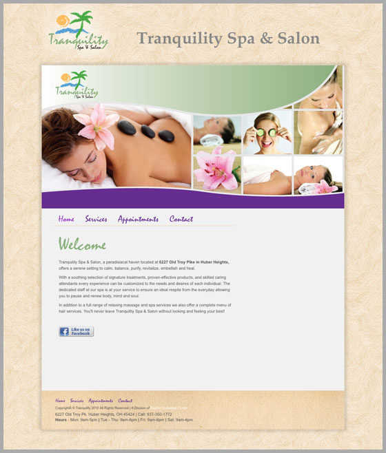 Tranquility Spa & Salon Website Home Page
