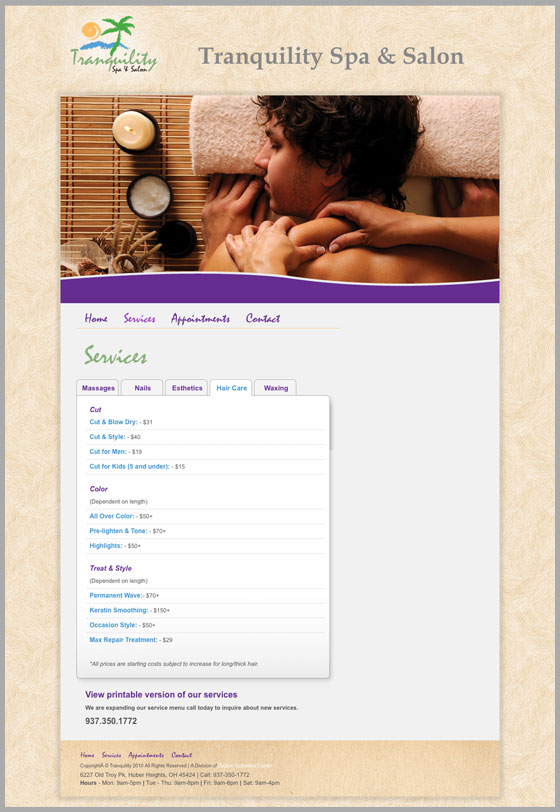 Tranquility Spa & Salon Website Services Page